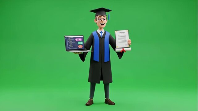 Cartoon Web Developer Graduation on Green Screen - A cartoon web developer character wearing a graduation cap and gown stands against a green screen backdrop.