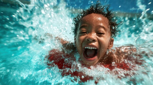 A joyful child exuberantly swims and splashes in crystal-clear water, radiating happiness and the carefree spirit of childhood on a sunny day by the pool.