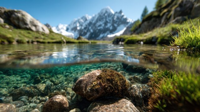 This breathtaking image showcases a tranquil mountain lake, with clear waters and majestic snow-capped peaks reflecting nature's beauty and serenity in every direction.
