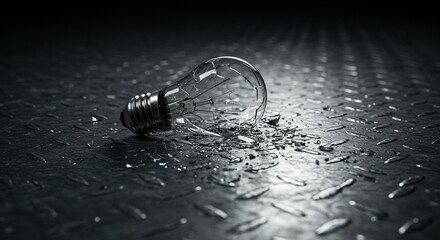 Broken lightbulb on textured metal surface concept of idea failure