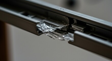 Broken metal window frame section close up for damage concept