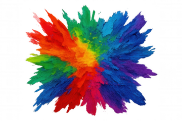 Rainbow color powder explosion generating vibrant abstract dust clouds spreading out from a central point