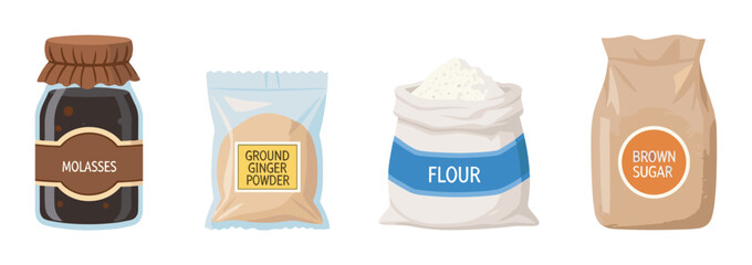 Illustration of various baking ingredients including molasses in a jar, ground ginger powder in a packet, flour in a sack, and brown sugar in a paper bag.