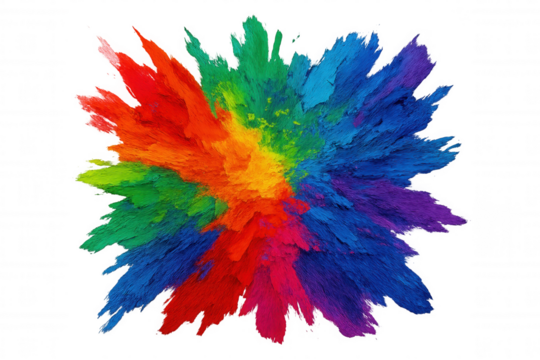Rainbow color powder explosion generating vibrant abstract dust clouds spreading out from a central point