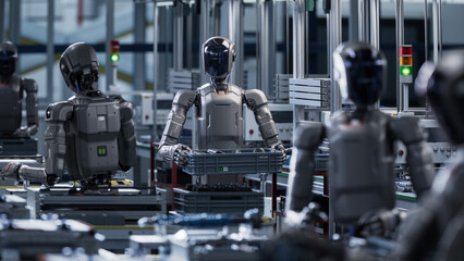 3D Render: Industrial AI Transformation: Autonomous AI Powered Humanoid Robot Walking through a Factory and Transporting a Box with Details. Advanced Human Like Robot Working in Industrial Environment