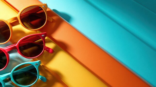 A collection of stylish sunglasses displayed on a bold and colorful backdrop, creating a vibrant visual feast that epitomizes summer fashion and fun.