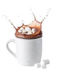 Hot chocolate splash with marshmallows isolated on transparent background