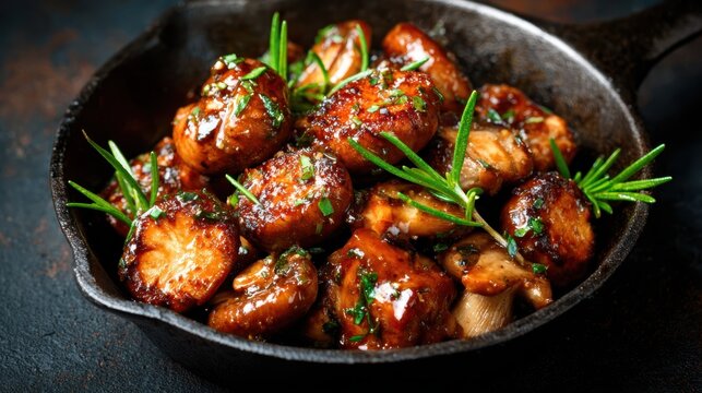 A mouth-watering display of sautéed mushrooms garnished with fresh herbs in a cast iron skillet, showcasing culinary artistry that appeals to food lovers and gourmet enthusiasts alike.