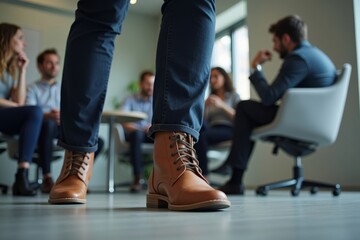 Bored Male Manager Taps Foot Impatiently During Meeting, Reflecting Tension and Lack of Engagement