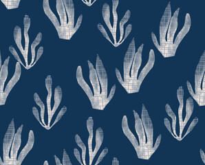 Fototapeta premium Underwater Seaweed Pattern on Navy Blue Background