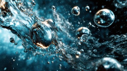 An artistic close-up of water droplets exploding in motion, capturing the essence and beauty of fluid dynamics and light interactions in a vibrant, abstract manner.