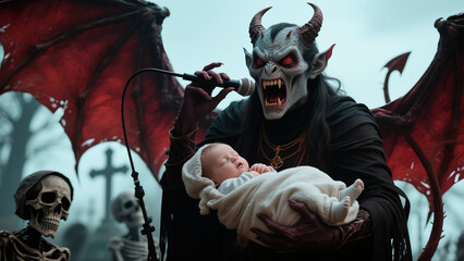 Obraz premium Demon figure with red wings and horns, holding a sleeping baby while singing into a microphone, surrounded by skeletons in a dark, eerie graveyard atmosphere