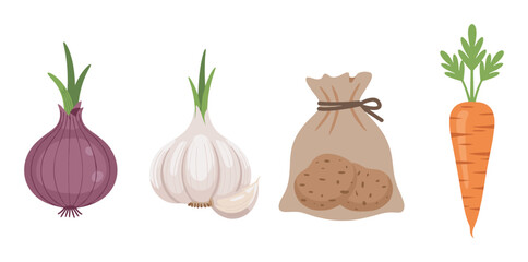 Fototapeta premium Stylized vector illustration of fresh onion, garlic, a sack of potatoes, and a carrot with greens, emphasizing organic produce.