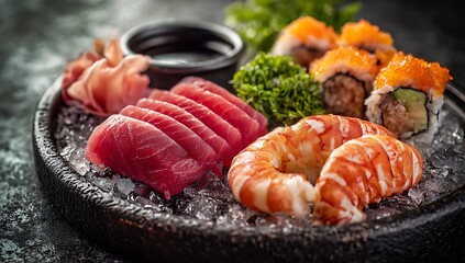 Exquisite Sushi Selection on Icy Display: Fresh Tuna Sashimi, Shrimp Nigiri, and California Rolls Arranged on Crushed Ice with Soy Sauce and Ginger, A Culinary Art