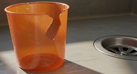 Broken orange cup next to sink drain concept of damage waste