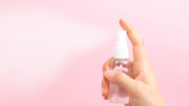 A hand holds and sprays a clear bottle with fine mist against a light pink background