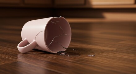 Broken pink mug on wooden floor conceptualizing fragility and damage