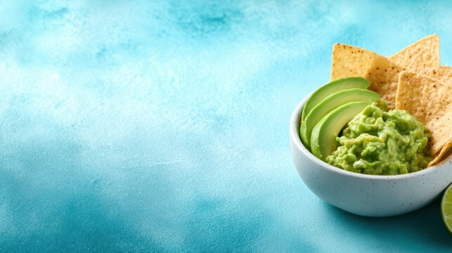 A vibrant presentation of creamy avocado guacamole served with tortilla chips on a soft blue background, portraying concepts of enjoyment, flavor, and culinary delight.