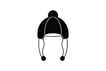 Black winter hat with pompom and earflaps simple graphic silhouette