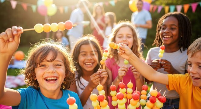 Group of happy diverse children eating fruit skewers at outdoor summer party. Multicultural friends enjoying healthy snack together