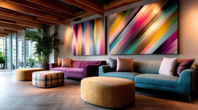 A contemporary lounge area features stylish sofas and colorful abstract art pieces adorning the walls, creating an inviting and artistic atmosphere for relaxation and socializing.