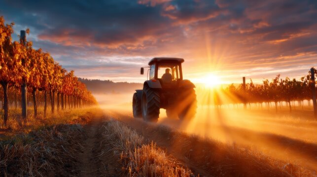 A lone tractor moves through a vineyard bathed in early morning light, creating a picturesque scene of agriculture against a beautiful sunrise sky.