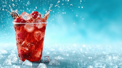 A dynamic image captures a refreshing drink splashing out of a glass cup filled with ice cubes, highlighting the joy and vibrancy of summer in a cool, thirst-quenching moment.