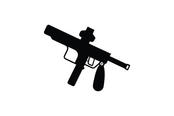 Detailed view of a paintball marker in black and white silhouette