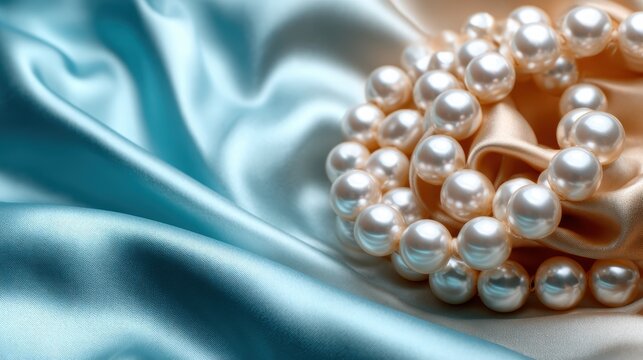A visually appealing arrangement of pearl necklaces resting on delicate silk fabrics, demonstrating elegance and luxury with a soft, shimmering pastel color palette.