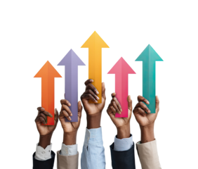 Diverse hands hold colorful upward-pointing arrows, signifying growth and progress