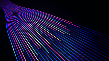 High speed data transfer visualization featuring colorful, glowing lines converging in perspective. Abstract graphic represents broadband internet, optic fiber technology and digital stream.