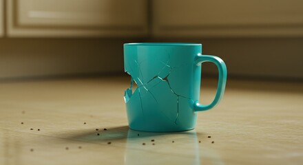 Broken teal mug on wooden floor in a bright indoor environment