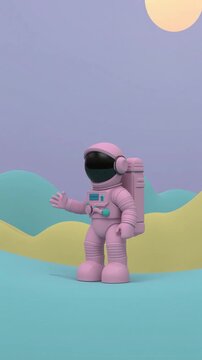 Astronaute 3D pastel saluant dans un paysage color&eacute;