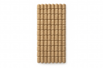 Wood pellet briquettes aligned in a grid generating renewable energy, biomass fuel, and sustainable heating on transparent background