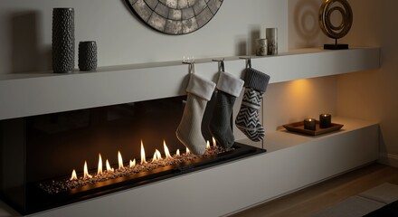 Modern linear fireplace with Christmas stockings hanging on mantel. Cozy winter holiday scene in contemporary home interior. Festive home decoration for holiday season