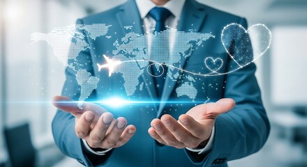 A businessman in a suit holds a holographic world map with an airplane and hearts, symbolizing global travel, love connections, and international business partnerships and opportunities
