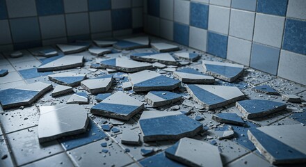Broken tiles in a blue and white tiled room
