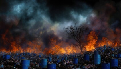 A destructive fire spreads across a large landfill waste dump, consuming heaps of garbage and polluting the surrounding environment