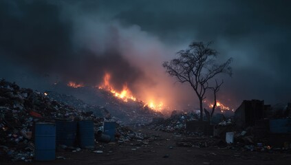 Fire rages through a landfill waste dump, with burning waste releasing hazardous fumes and creating a dramatic scene of environmental disaster