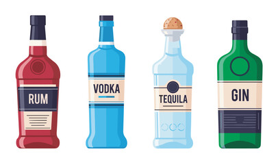 Four colorful liquor bottles labeled as rum, vodka, tequila, and gin, each with distinct shapes and labels, arranged in a row on a white background.