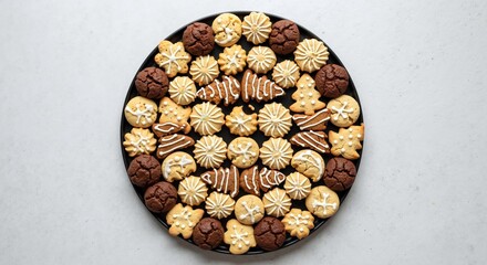 Festive assortment of decorated Christmas cookies on black plate. Top view of homemade holiday biscuits and gingerbread. Flat lay food photography with copy space