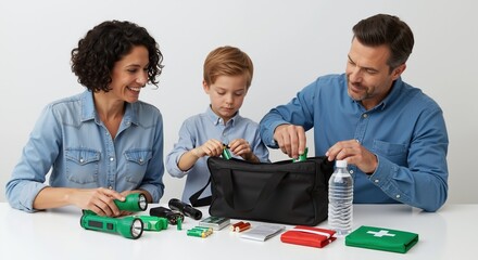 Family preparing emergency kit with survival supplies. Parents and son packing bag with flashlights, batteries, and first aid kit. Disaster readiness and safety concept