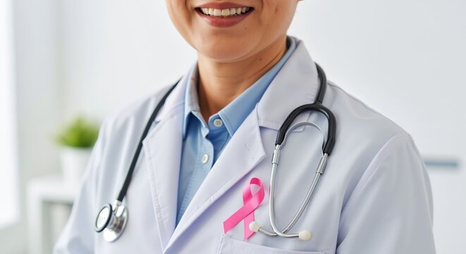 Smiling female doctor wears pink ribbon for breast cancer awareness. Medical professional supporting health campaign. Healthcare and prevention concept with copy space - Powered by Adobe