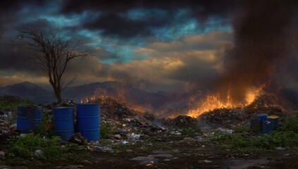 Fire rages through a landfill waste dump, with burning waste releasing hazardous fumes and creating a dramatic scene of environmental disaster