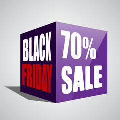 Simple Black Friday 70 percent off sale announcement in a square purple box with drop shadow. Modern and clean graphic design for website banners and social media promotions.
