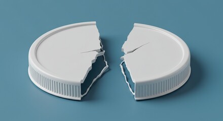 Broken white lid on blue background split in two close up studio shot