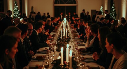 Formal corporate Christmas dinner with guests at long candlelit table. Elegant holiday gala and festive banquet celebration