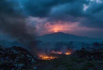 fire engulfs a sprawling landfill waste dump, sending thick black smoke and toxic fumes into the air