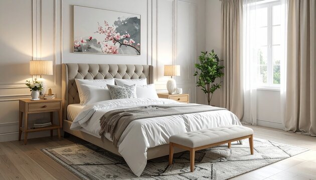 Modern bedroom with tufted headboard mountain view and natural light for editorial interior design tranquility lifestyle and scenic home decor-themed visuals