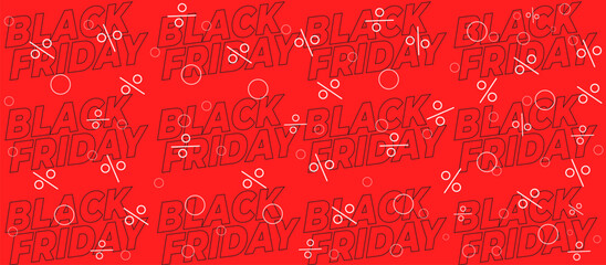 Naklejka premium Red Black Friday Seamless Pattern with Overlapping White and Black Text, Percent Signs, Asterisks, and Circles Creating a Dynamic Repeating Design for Sale, Discount, and Retail Promotions